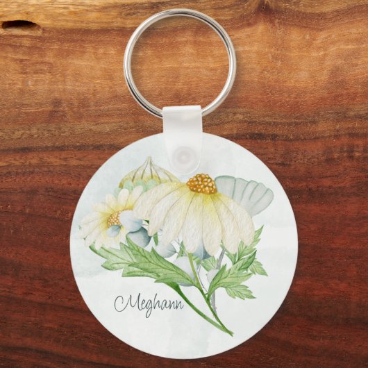 Cute White Daisy Monogram Waterverf Sleutelhanger (Achterkant)