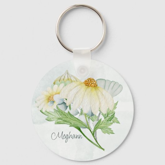 Cute White Daisy Monogram Waterverf Sleutelhanger (Achterkant)