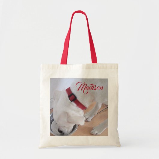 Cute White Dog Drink Water Custom Name Red Tote Bag (Voorkant)