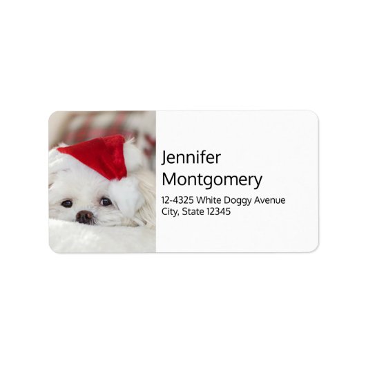 Cute White Dog in a Red Christmas Hat Etiket (Voorkant)