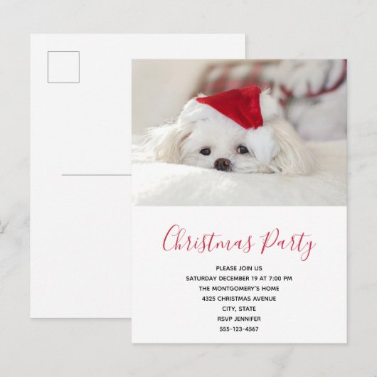 Cute White Dog in een Red Kerstfeest Pet Party Uitnodiging Briefkaart (Voorkant / Achterkant)