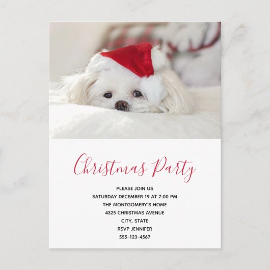 Cute White Dog in een Red Kerstfeest Pet Party Uitnodiging Briefkaart (Voorkant)