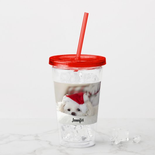 Cute White Dog in een Rode Kerstmis Pet Acryl Drinkbeker (Achterkant ijs)