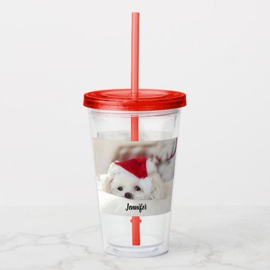 Cute White Dog in een Rode Kerstmis Pet Acryl Drinkbeker (Voorkant)