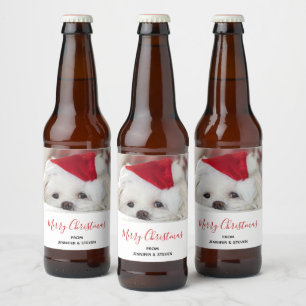 Cute White Dog in een Rode Kerstmis Pet Bier Etiket
