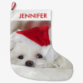 Cute White Dog in een Rode Kerstmis Pet Grote Kerstsok (Voorkant)