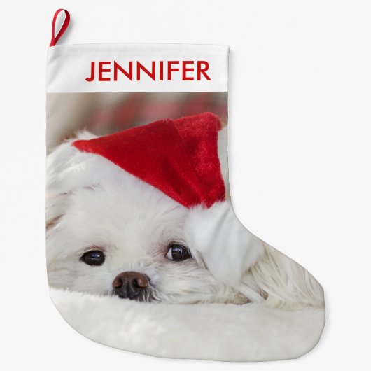 Cute White Dog in een Rode Kerstmis Pet Grote Kerstsok (Voorkant)