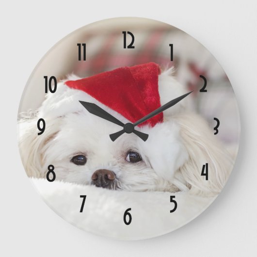Cute White Dog in een Rode Kerstmis Pet Grote Klok (Voorkant)
