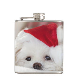 Cute White Dog in een Rode Kerstmis Pet Heupfles