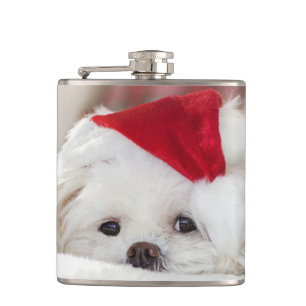 Cute White Dog in een Rode Kerstmis Pet Heupfles