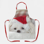Cute White Dog in een Rode Kerstmis Pet Schort (Voorkant)