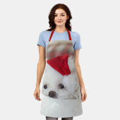 Cute White Dog in een Rode Kerstmis Pet Schort (Gedragen)