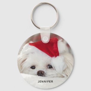 Cute White Dog in een Rode Kerstmis Pet Sleutelhanger