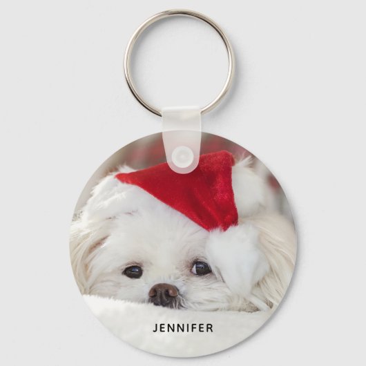 Cute White Dog in een Rode Kerstmis Pet Sleutelhanger (Voorkant)