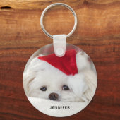 Cute White Dog in een Rode Kerstmis Pet Sleutelhanger (Voorkant)