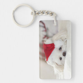 Cute White Dog in een Rode Kerstmis Pet Sleutelhanger