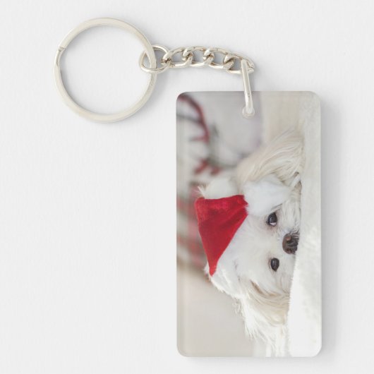 Cute White Dog in een Rode Kerstmis Pet Sleutelhanger (Voorkant)