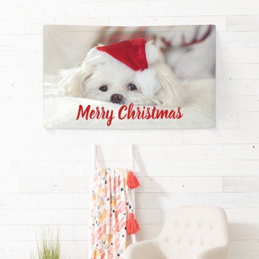 Cute White Dog in een Rode Kerstmis Pet Spandoek (Insitu)