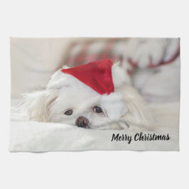 Cute White Dog in een Rode Kerstmis Pet Theedoek