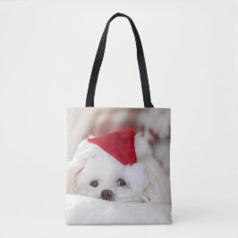 Cute White Dog in een Rode Kerstmis Pet Tote Bag