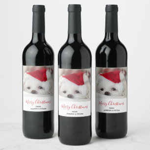Cute White Dog in een Rode Kerstmis Pet Wijn Etiket