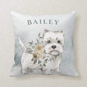Cute White Dog met Flowers   Westie Kussen