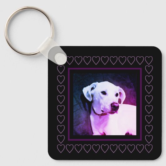 Cute White Dog Paars Hearts Lijst Valentijnsdag Sleutelhanger (Voorkant)