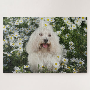 Cute White Dog Sitting Spring White Flower Garden Legpuzzel