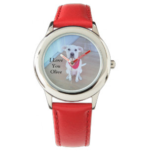 Cute White Dog Wearing Red Scarf Ik hou van je har Horloge