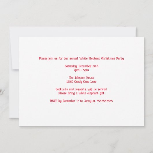Cute White Elephant kerst Custom Holiday Party Kaart (Achterkant)