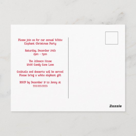 Cute White Elephant Party-kerstuitnodiging Briefkaart (Achterkant)