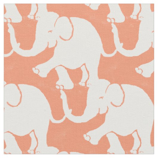 Cute White Elephants Pattern on Salmon Stof (Close Up)