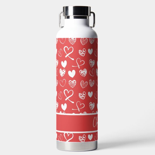 Cute White en Red Hearts Pattern Sketch Custom Waterfles (Voorkant)