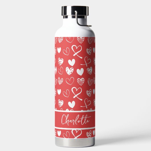 Cute White en Red Hearts Pattern Sketch Custom Waterfles (Links)