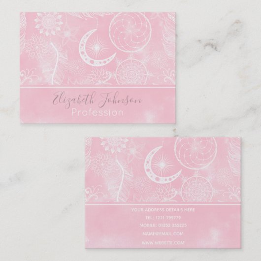 Cute White en Roze Dreamweaver Feathers Mandala Visitekaartje (Voorkant / Achterkant)