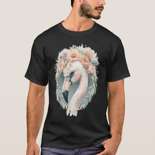 Cute White Flamingo Exotic Bird Flower Crown Tropi T-shirt (Voorkant)