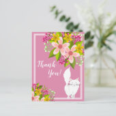 Cute White Fluffy Cat - Flowers op Roze Dank je Briefkaart (Staand voorkant)