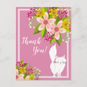Cute White Fluffy Cat - Flowers op Roze Dank je Briefkaart (Voorkant)