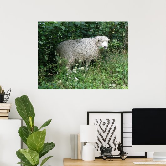 Cute White Fluffy Sheep Eating Print (Thuiskantoor)