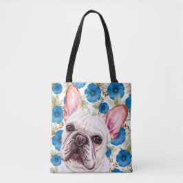 Cute White French Bulldog op Blue Flower Pattern Tote Bag