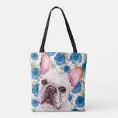 Cute White French Bulldog op Blue Flower Pattern Tote Bag (Achterkant)