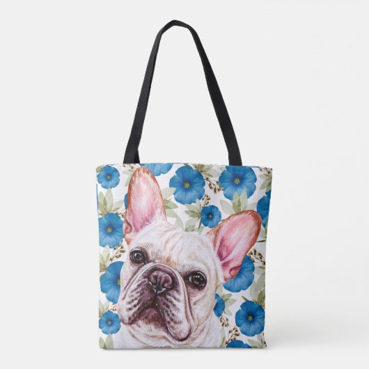 Cute White French Bulldog op Blue Flower Pattern Tote Bag (Achterkant)
