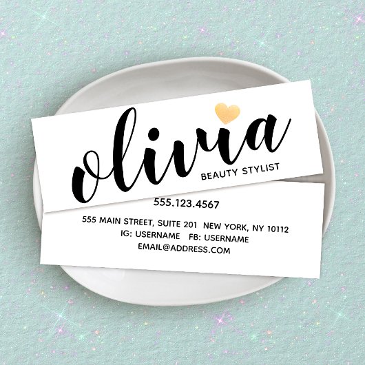 Cute White Gold Heart Calligraphy Beauty Stylist B Mini Visitekaartje