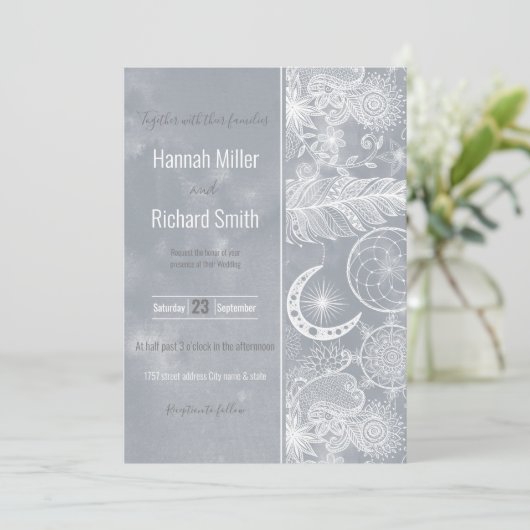 Cute White & Gray Dreamweaver Feathers Mandala Kaart (Staand voorkant)