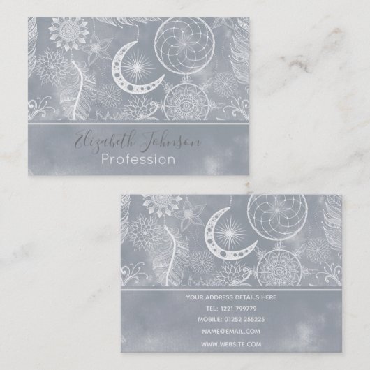 Cute White & Gray Dreamweaver Feathers Mandala Visitekaartje (Voorkant / Achterkant)
