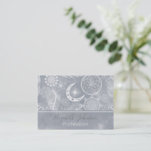 Cute White & Gray Dreamweaver Feathers Mandala Visitekaartje