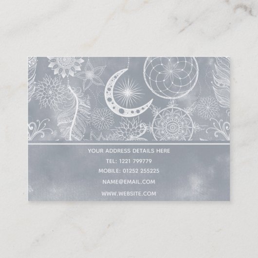 Cute White & Gray Dreamweaver Feathers Mandala Visitekaartje (Achterkant)