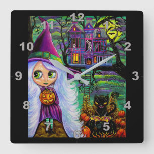Cute White Hair Witch Haunted Tree House Black Cat Vierkante Klok