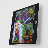 Cute White Hair Witch Haunted Tree House Black Cat Vierkante Klok (Hoek)