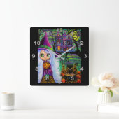 Cute White Hair Witch Haunted Tree House Black Cat Vierkante Klok (Huis)